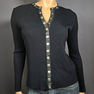 Y2K Black Ribbed Sweater Silver Snap Buttons Leather Trim Size S Gothic Vampy